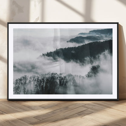 67569654-MGV-CV-36X24-Foggy Forest Wall Art – Mist Covered Hills and Trees Landscape Canvas Print, Moody Nature Photography Decor for Living Room,
