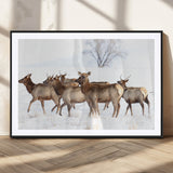 41416314-MGV-CV-36X24-Elk Wall Art – Wildlife Herd Canvas Print in Snowy Landscape, Rustic Nature Painting, Western Cabin Lodge Decor for Living Room,