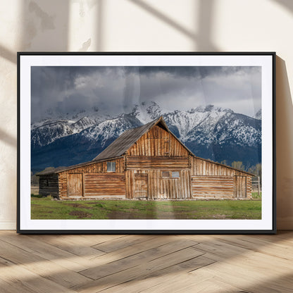 15173627-MGC-FP-36x24_Black-Barn Wall Art – Rustic Wooden Cabin Canvas Print with Snowy Mountain Landscape, Western Farmhouse Country Decor for Living Room,