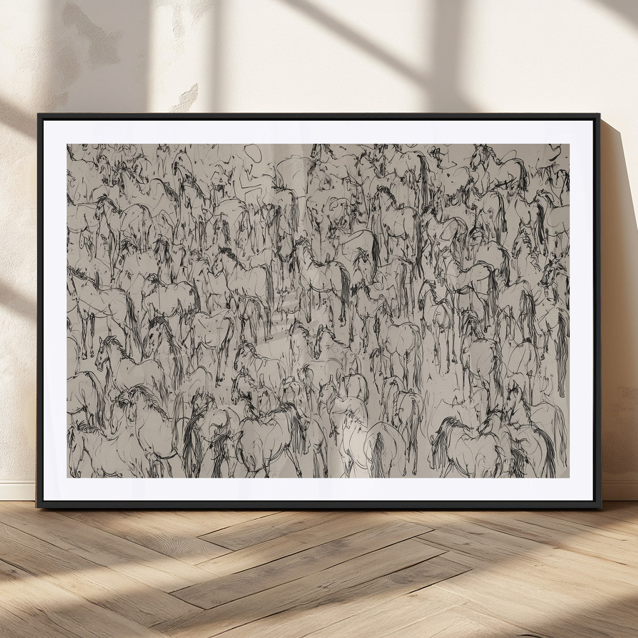 12358908-MGC-FP-36x24_Black-Horse Herd Sketch Wall Art – Abstract Wild Horses Line Drawing Canvas Print, Rustic Western Style Equestrian Decor for Living