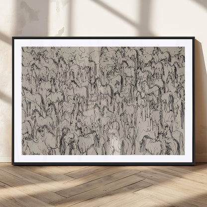 12358908-MGC-FP-36x24_Black-Horse Herd Sketch Wall Art – Abstract Wild Horses Line Drawing Canvas Print, Rustic Western Style Equestrian Decor for Living