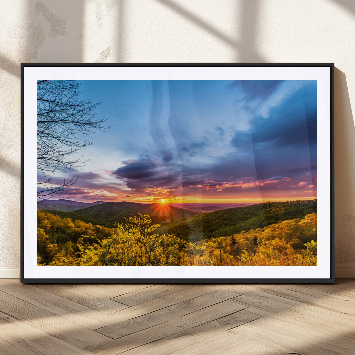 25786346-MGC-FP-36x24_Black-Sunset Over Mountains Wall Art – Nature Landscape Canvas Print, Golden Hour Forest Photography, Scenic Sunrise Artwork for Living