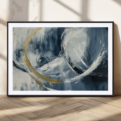 97295757-MGC-FP-36x24_Black-Abstract Blue and Gold Wall Art – Modern Luxury Canvas Print, Navy White Brushstroke Painting, Contemporary Living Room Office
