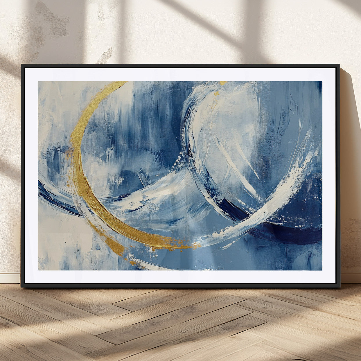 42475677-MGV-CV-36X24-Blue and Gold Abstract Wall Art – Modern Luxury Canvas Print, Navy White Brushstroke Painting, Contemporary Home Office Living