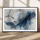 49589477-MGV-CV-36X24-Blue Abstract Wall Art – Modern Circle Canvas Print with Gold and Black Accents, Contemporary Fluid Brushstroke Painting for
