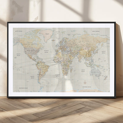 40660043-MGC-FP-36x24_Black-World Map Wall Art – Large Detailed Atlas Style Map Print with Countries, Cities, and Oceans, Neutral Beige and Tan Educational