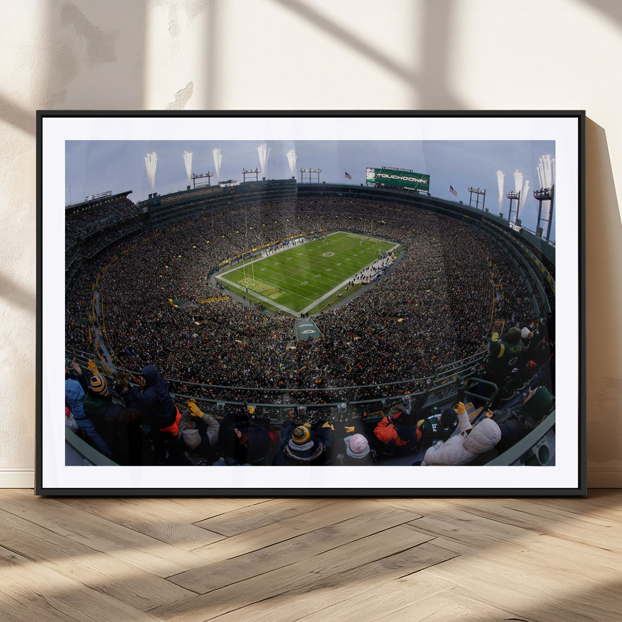 14387817-MGC-FP-36x24_Black-Lambeau Field Stadium Wall Art – Green Bay Packers Game Day Canvas Print with Fireworks and Crowd – NFL Football Fan Man Cave