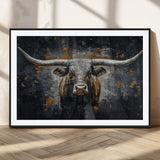 93195031-MGC-FP-36x24_Black-Dark Longhorn Bull Wall Art – Western Steer Canvas Print, Moody Rustic Animal Painting for Man Cave, Ranch House, Office or Modern