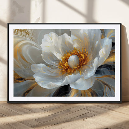 39604126-MGC-FP-36x24_Black-Abstract Flower Wall Art – Elegant White and Gold Bloom Canvas Print, Modern Floral Artwork for Bedroom, Living Room, or Office