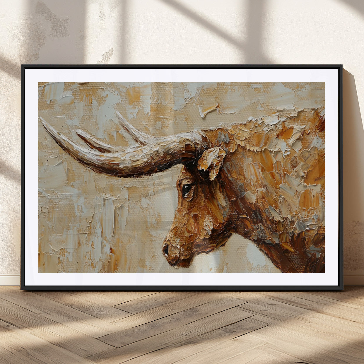 69611428-MGC-FP-36x24_Black-Longhorn Bull Wall Art – Rustic Western Canvas Print, Textured Farmhouse Cattle Painting for Living Room, Office, or Ranch House