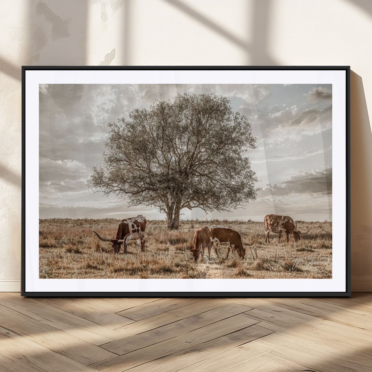 87590224-MGC-FP-36x24_Black-Longhorn Cattle Wall Art – Rustic Western Landscape Canvas Print, Texas Farmhouse Prairie Scene for Living Room, Office, or Ranch