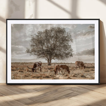 87590224-MGC-FP-36x24_Black-Longhorn Cattle Wall Art – Rustic Western Landscape Canvas Print, Texas Farmhouse Prairie Scene for Living Room, Office, or Ranch