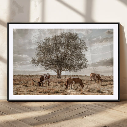 87590224-MGC-FP-36x24_Black-Longhorn Cattle Wall Art – Rustic Western Landscape Canvas Print, Texas Farmhouse Prairie Scene for Living Room, Office, or Ranch