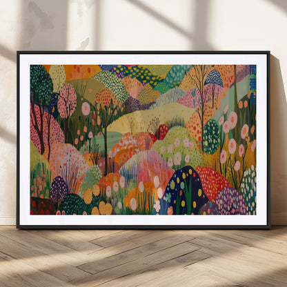 79636380-MGC-FP-36x24_Black-Colorful Abstract Landscape Wall Art – Vibrant Hills and Flowers Canvas Print, Modern Whimsical Artwork for Living Room, Bedroom,