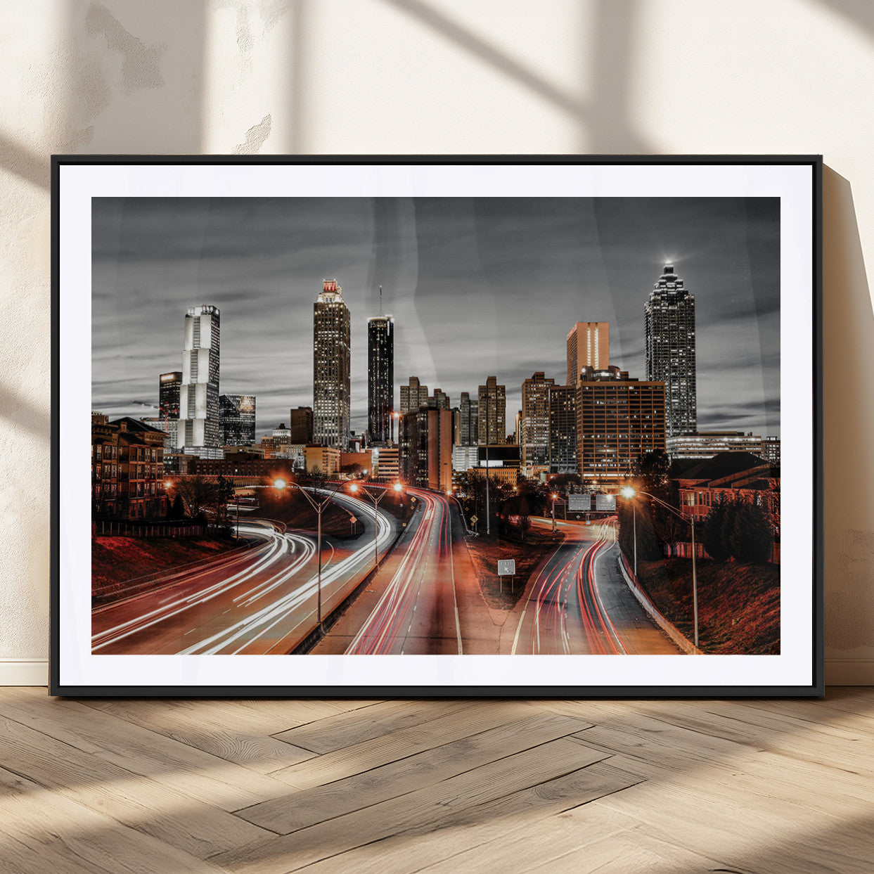 59097239-MGC-FP-36x24_Black-City Skyline Wall Art – Modern Black and White Night Canvas Print with Red Light Trails, Urban Landscape Decor for Living Room or