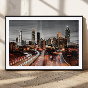 59097239-MGC-FP-36x24_Black-City Skyline Wall Art – Modern Black and White Night Canvas Print with Red Light Trails, Urban Landscape Decor for Living Room or