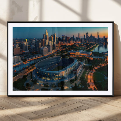 36690345-MGC-FP-36x24_Black-Soldier Field Wall Art – Chicago Bears Stadium Aerial Night Canvas Print, City Skyline Football Decor for Living Room, Office, or