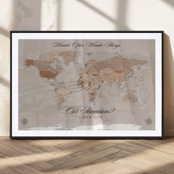95243244-MGV-CV-36X24-Wander Often Wonder Always World Map Wall Art – Neutral Beige Adventure Canvas Print, Rustic Boho Travel Decor for Bedroom, Living