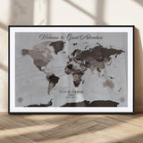 43749658-MGV-CV-36X24-Welcome to Great Adventure World Map Wall Art – Charcoal Gray Canvas Print, Rustic Travel Decor for Living Room, Study, Office or