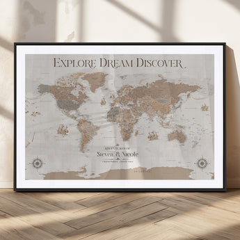 63516865-MGV-CV-36X24-Explore Dream Discover World Map Wall Art – Inspirational Travel Adventure Canvas Print, Neutral Parchment Style Explorer Decor
