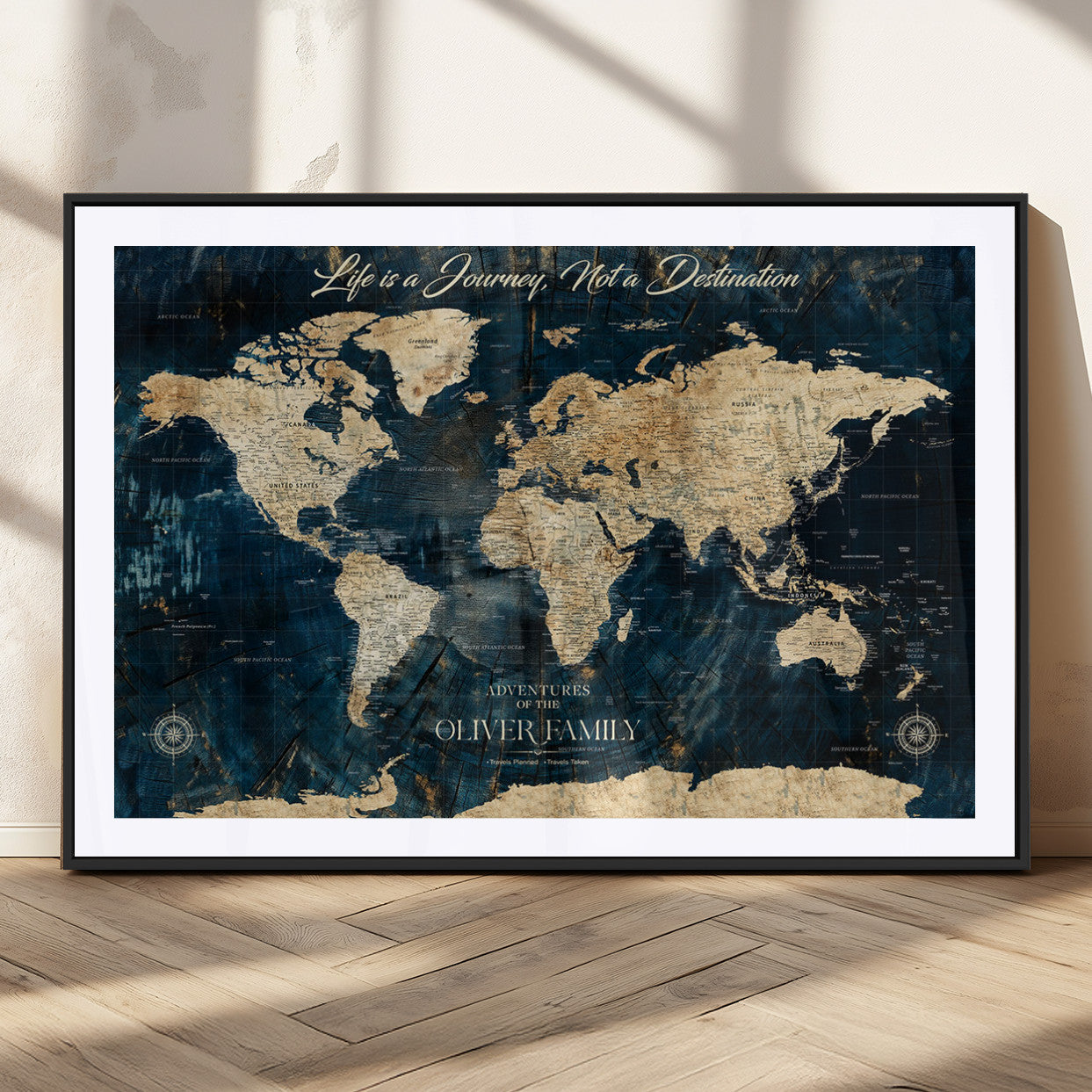 36970886-MGC-FP-36x24_Black-Life is a Journey Not a Destination World Map Rustic Navy Beige Vintage Travel Wall Art Adventure Quote Canvas Print for Home