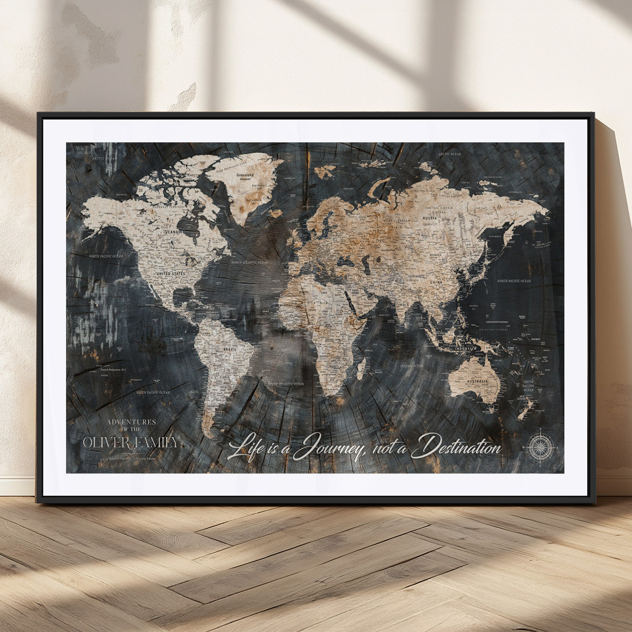 37848568-MGC-FP-36x24_Black-Life is a Journey Not a Destination World Map Rustic Wood Texture Vintage Beige Navy Adventure Wall Art Canvas Print for Home