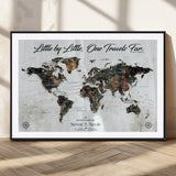 88337180-MGV-CV-36X24-Little by Little One Travels Far Tolkien Quote World Map Rustic Black Brown Adventure Wall Art Canvas Print for Home Office Living