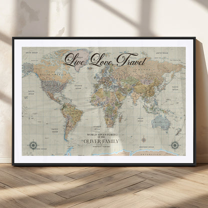 19479008-MGC-FP-36x24_Black-Live Love Travel Wall Art – Detailed World Map Canvas Print, Adventure Decor for Living Room, Office or Bedroom, Travel Gift for