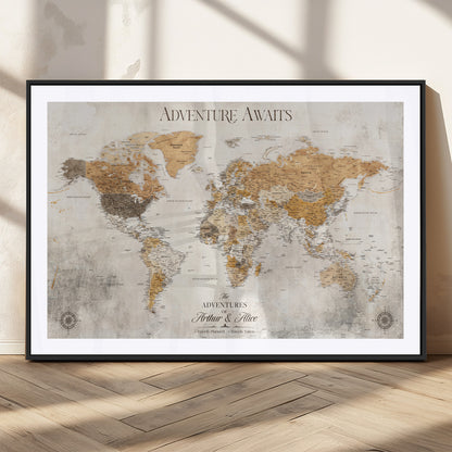 99422096-MGC-FP-36x24_Black-Adventure Awaits World Map Wall Art – Neutral Beige Canvas Print, Modern Travel Inspired Wall Decor for Living Room, Bedroom or