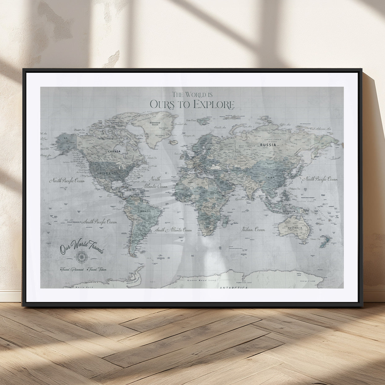 94249974-MGC-FP-36x24_Black-Ours Explore World Map Wall Art – Modern Travel Canvas Print, Neutral Adventure Decor for Living Room, Office, Study, Bedroom,