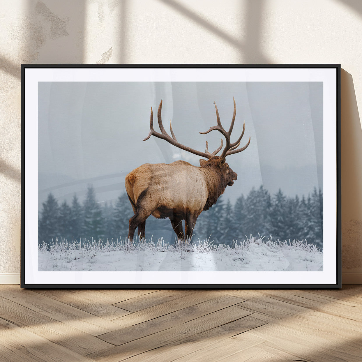 85177251-MGC-FP-36x24_Black-Elk Wall Art – Majestic Wildlife Canvas Print of Bull Elk Snowy Forest, Rustic Nature Decor for Living Room, Cabin, or Office