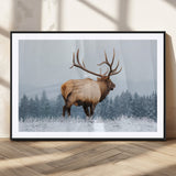 85177251-MGC-FP-36x24_Black-Elk Wall Art – Majestic Wildlife Canvas Print of Bull Elk Snowy Forest, Rustic Nature Decor for Living Room, Cabin, or Office