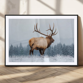 85177251-MGC-FP-36x24_Black-Elk Wall Art – Majestic Wildlife Canvas Print of Bull Elk Snowy Forest, Rustic Nature Decor for Living Room, Cabin, or Office