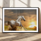 44295212-MGC-FP-36x24_Black-Horse Wall Art – Running White Stallion Canvas Print with Sunset Background, Western Wildlife Decor for Living Room, Office, or