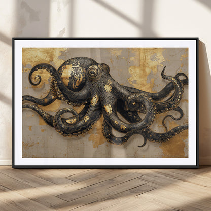 57944271-MGV-CV-36X24-Octopus Wall Art – Black and Gold Nautical Canvas Print, Modern Ocean Inspired Artwork with Elegant Detailing, Coastal Marine