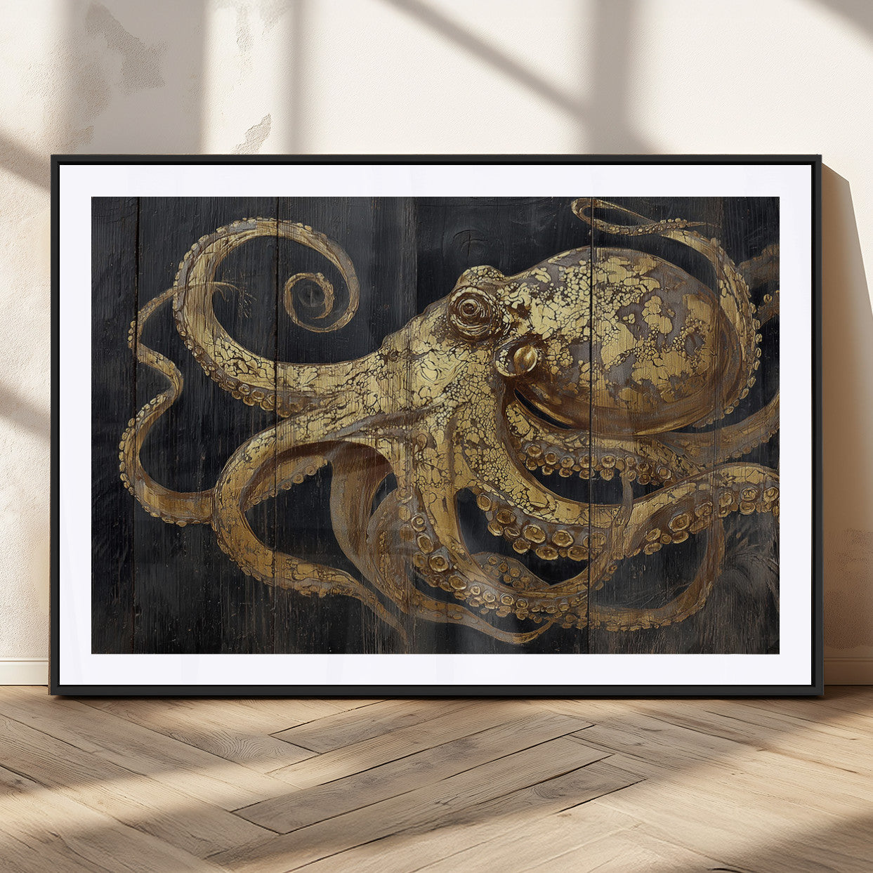 47056538-MGC-FP-36x24_Black-Octopus Canvas Wall Art – Gold Detail, Wooden Texture, Marine Life, Ocean Creature Tentacles, Nautical Coastal Rustic Decor for