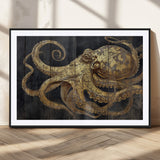 47056538-MGC-FP-36x24_Black-Octopus Wall Art – Gold Nautical Canvas Print with Rustic Wood Texture, Marine Creature Artwork for Coastal Ocean Decoration in