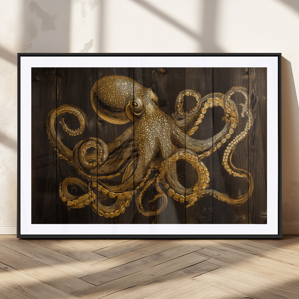 56769669-MGV-CV-36X24-Octopus Wall Art – Gold Nautical Canvas Print with Rustic Wood Panel Design, Detailed Marine Artwork for Coastal Ocean Decoration