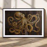 56769669-MGV-CV-36X24-Octopus Wall Art – Gold Nautical Canvas Print with Rustic Wood Panel Design, Detailed Marine Artwork for Coastal Ocean Decoration
