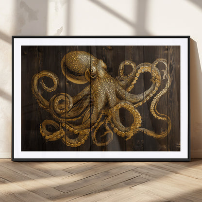 56769669-MGV-CV-36X24-Octopus Wall Art – Gold Nautical Canvas Print with Rustic Wood Panel Design, Detailed Marine Artwork for Coastal Ocean Decoration