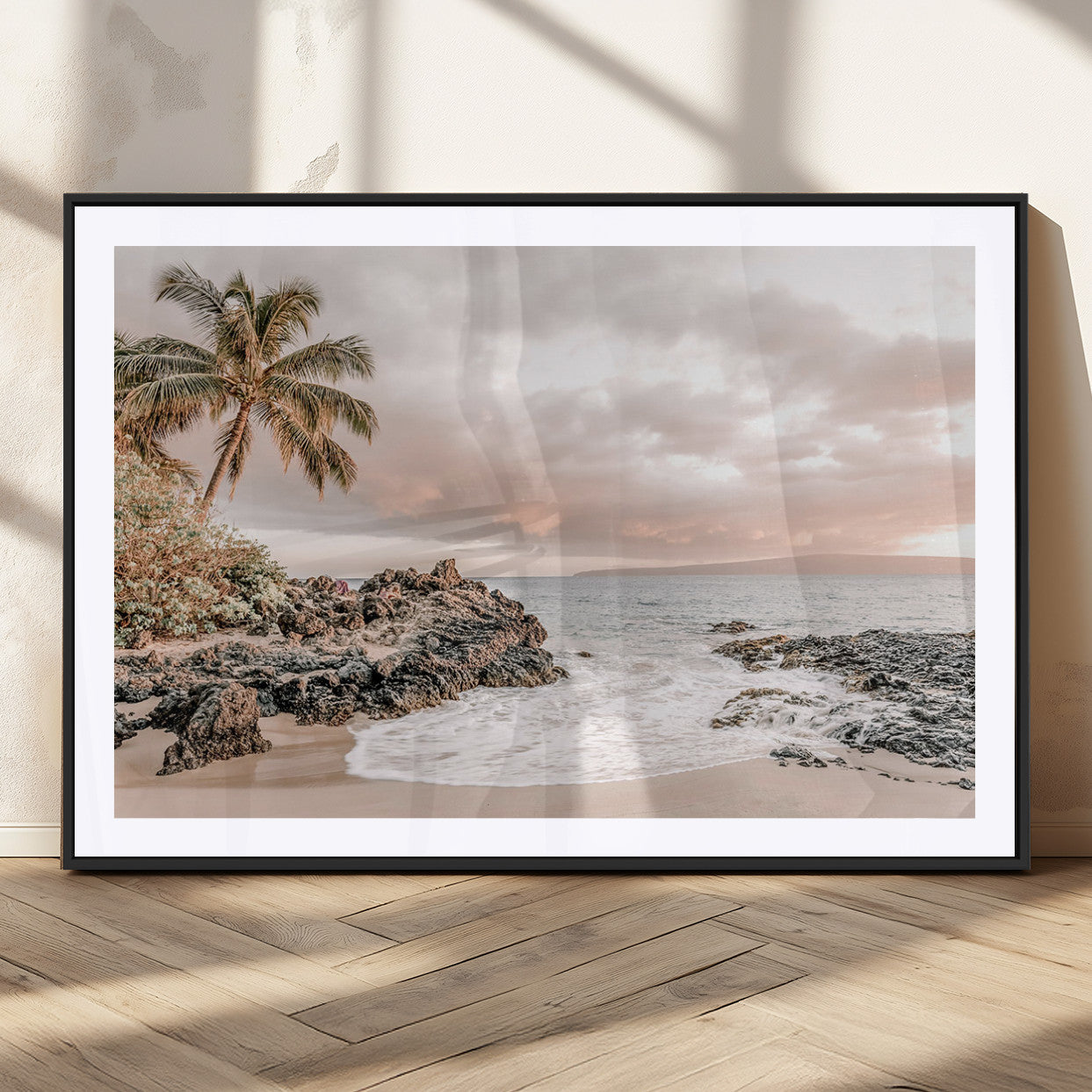 18005328-MGC-FP-36x24_Black-Tropical Beach Canvas Wall Art – Palm Tree, Rocky Shoreline, Ocean Waves, Sunset Clouds, Calm Sea, Island Nature Relaxation for