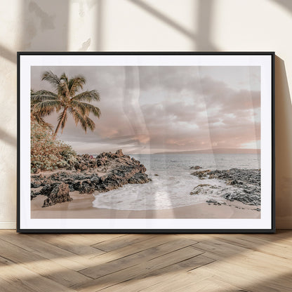 18005328-MGV-CV-36X24-Tropical Beach Wall Art – Coastal Ocean Canvas Print with Palm Tree, Sunset Sky and Rocky Shore, Serene Seascape Photography for