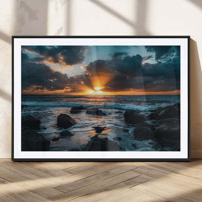 66040852-MGC-FP-36x24_Black-Ocean Sunset Canvas Wall Art – Rocky Shore Waves, Dramatic Clouds, Golden Sun Rays, Coastal Nature, Serene Water Reflection for
