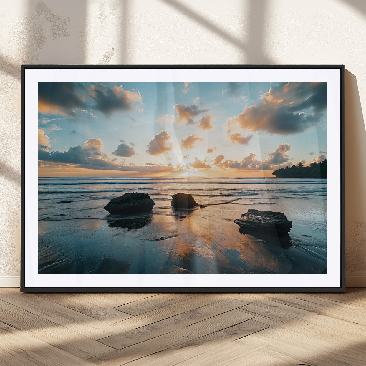23879436-MGC-FP-36x24_Black-Ocean Sunset Wall Art – Serene Seascape Canvas Print with Golden Sky, Reflections on Sand and Calm Waves, Peaceful Coastal