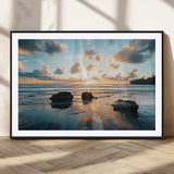 23879436-MGC-FP-36x24_Black-Ocean Sunset Wall Art – Serene Seascape Canvas Print with Golden Sky, Reflections on Sand and Calm Waves, Peaceful Coastal
