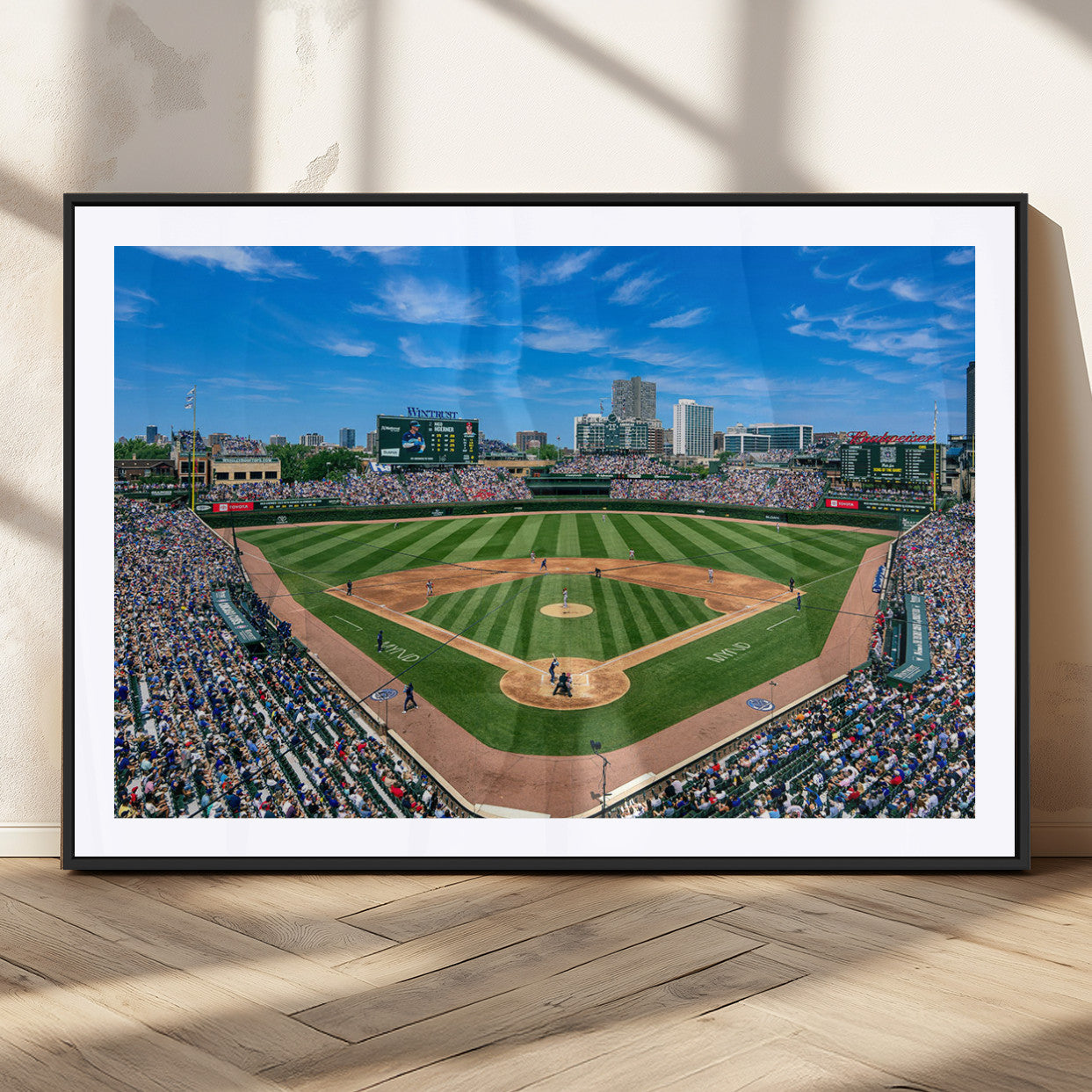 56213978-MGC-FP-36x24_Black-Wrigley Field Baseball Stadium Canvas Wall Art – Packed Crowd Sports Stadium Print, City Skyline Baseball Field Canvas for Game