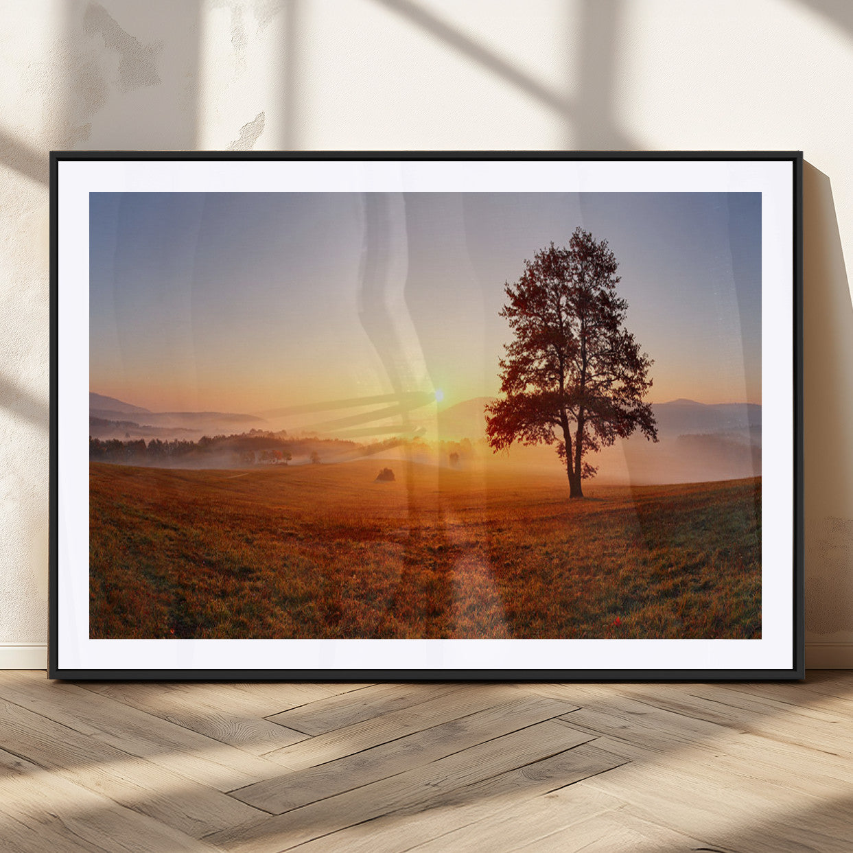 57919623-MGC-FP-36x24_Black-Sunrise Landscape Wall Art – Golden Morning Canvas Print with Tree, Misty Hills and Open Field, Peaceful Nature Photography for