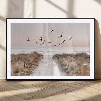 34632598-MGV-CV-36X24-Beach Pathway Wall Art – Coastal Canvas Print with Sandy Trail, Flying Birds and Pastel Sky, Serene Ocean Landscape Photography