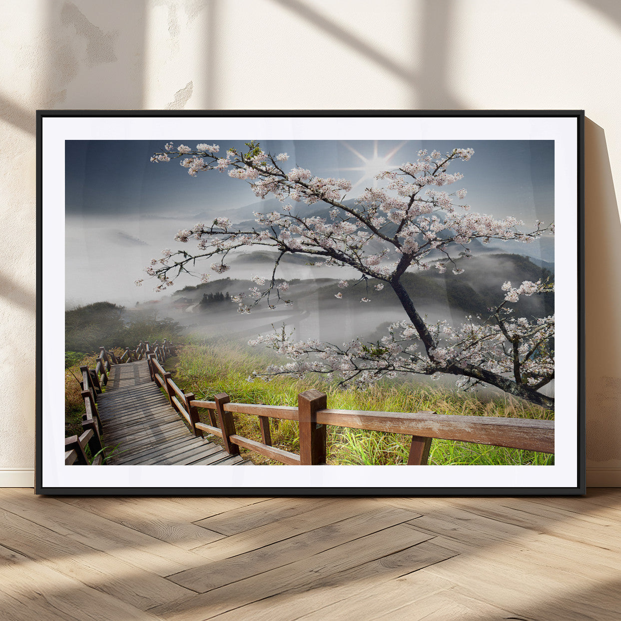 34632598CRY-MGV-CV-36X24-Cherry Blossom Wall Art – Scenic Asian Landscape Canvas Print with Wooden Walkway, Misty Mountains and Sunrise, Serene Nature