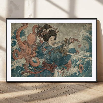 52037775-MGC-FP-36x24_Black-Samurai Woman Wall Art – Japanese Ukiyo e Style Canvas Print with Katana, Ocean Waves and Octopus, Traditional Asian Inspired